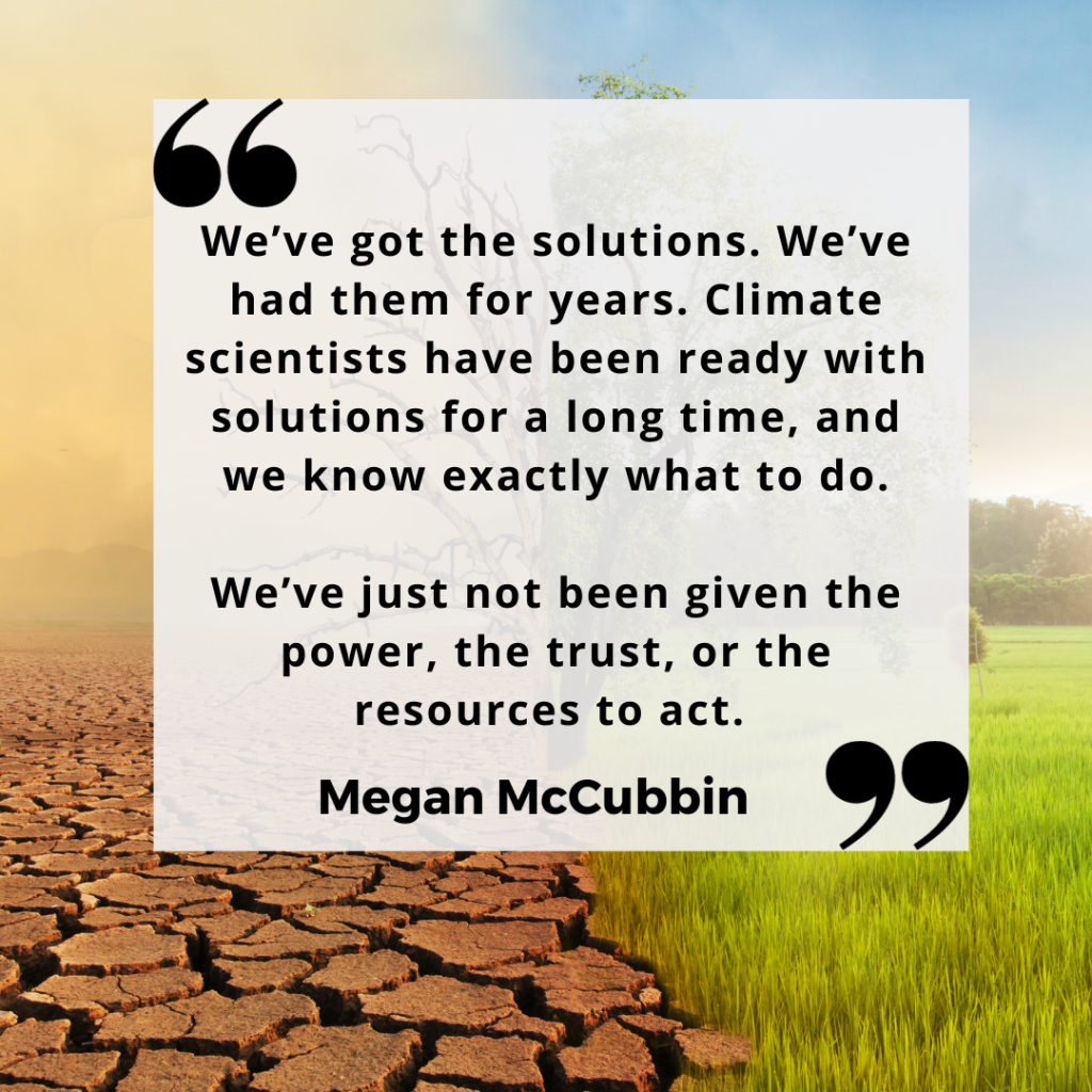 Megan McCubbin talking about Climate Change solutions